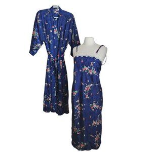 Inner Most Robe Dress Gown Satin Lace Women size Large Rose Cottgecore Navy Blue
